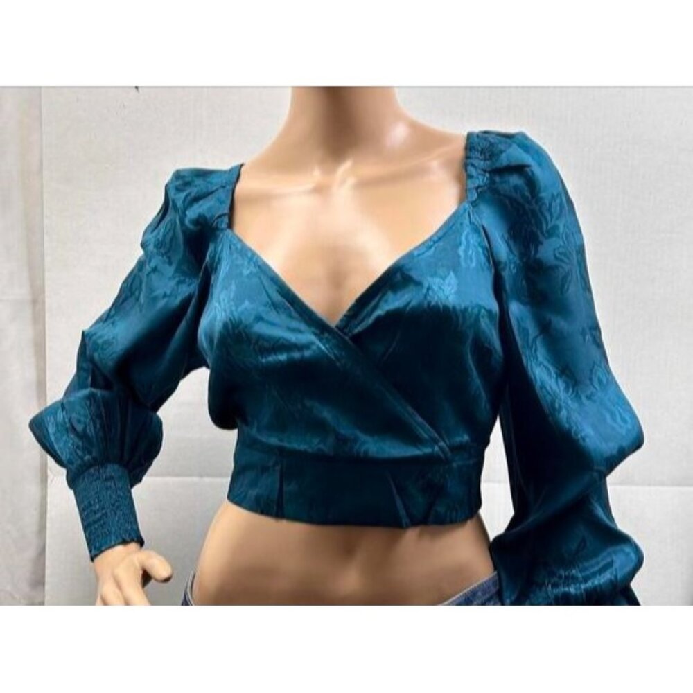 Band of the Free Top Womens Medium Wrap Crop‎ Teal Satin Jacquard Festival Glam